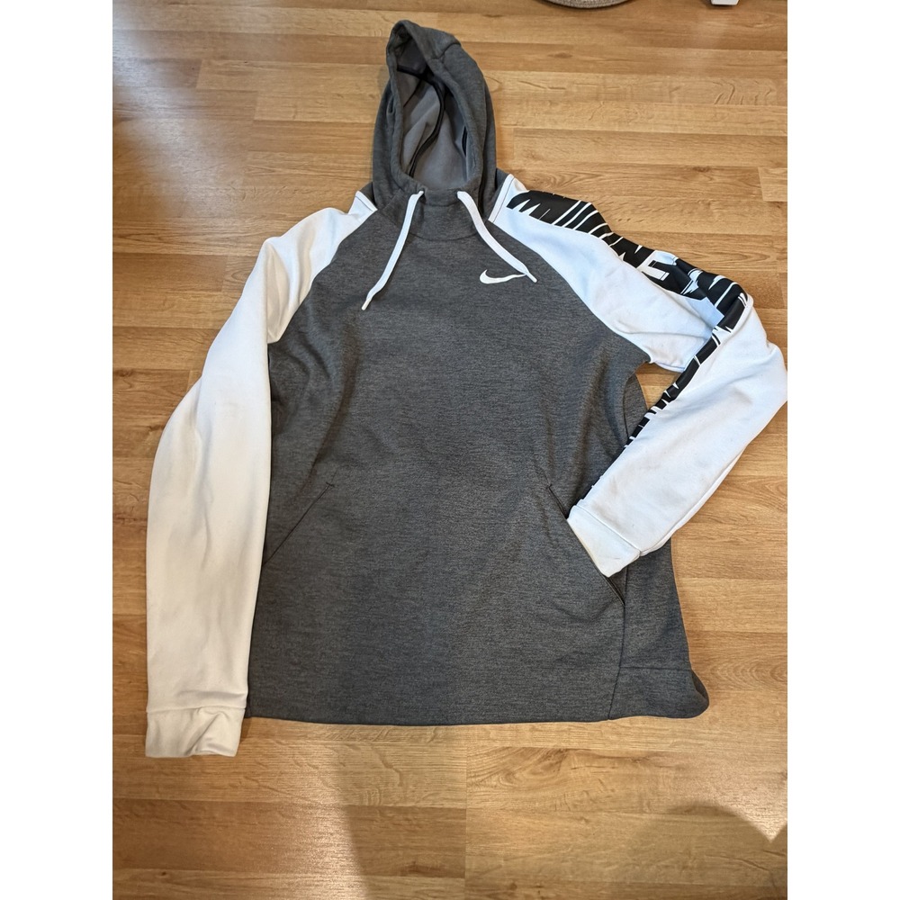 Nike Dri-FIT Mens Hoodie Gray White Raglan Sleeve Graphic Logo Sweatshirt L